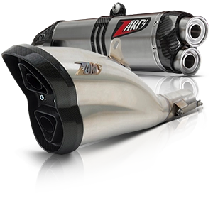 Chrome-plated motorcycle rear silencer from Zard with reflective surface.